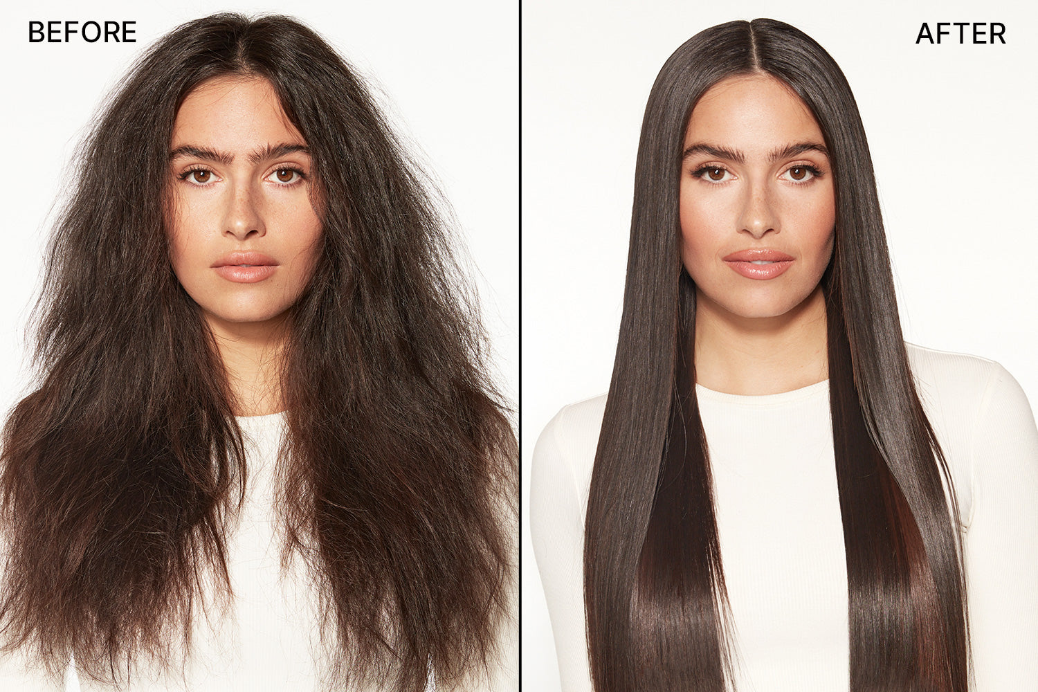 Before & after of a model with long frizzy hair and then straight, smooth hair.