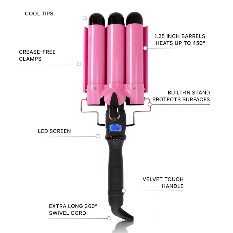 Cool tips. Crease-free clamps. 1.25-inch barrels heat up to 450 degrees. Built-in stand protects surfaces. Led screen. Velvet tough handle. Extra long 360 degrees swivel cord. 