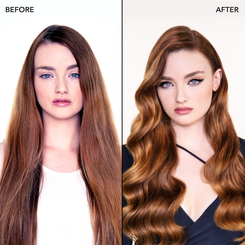 Before & after of a model with dull hair and then glossy healthy-looking hair. 