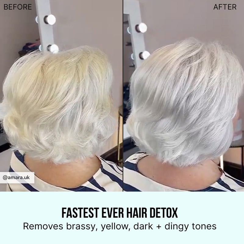 Fastest ever hair detox. Removes brassy, yellow, dark + dingy tones. Before & after from @amara.uk of yellow brassy hair and then bright, white hair.