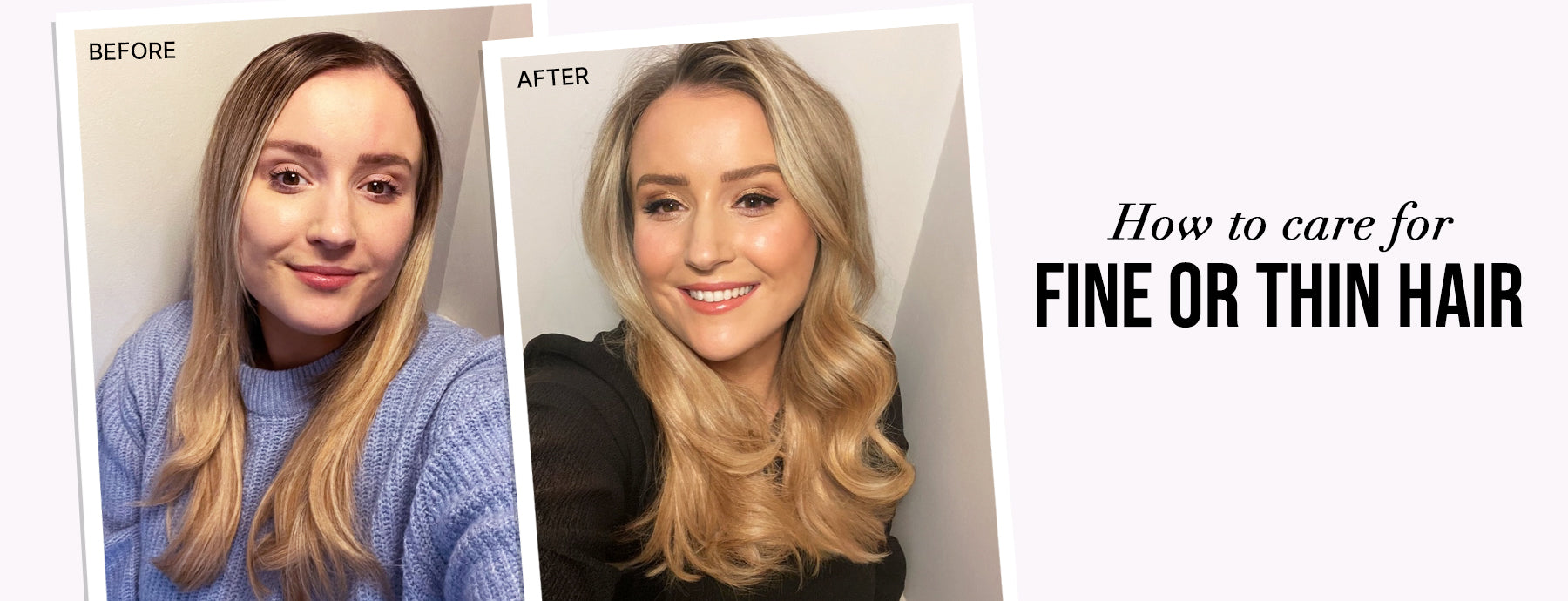Before and after of a model with flat, fine hair and then bouncy, voluminous hair next to Raise the Root. 