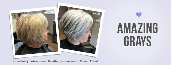 Amazing grays. Before and after of @melanie.j.parisien’s hair after just one use of Dream Filter! Before hair is yellow, after hair is a toned grey color. 