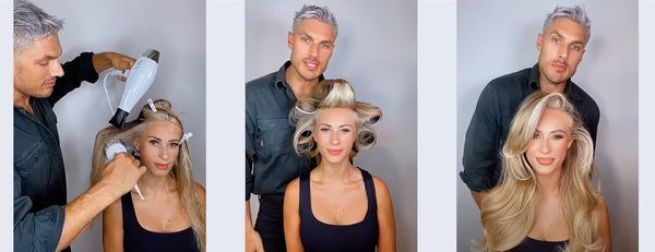 Images of Chris Appleton blow-drying a model’s hair, putting the hair in rollers, and the finished look of volumized hair. 