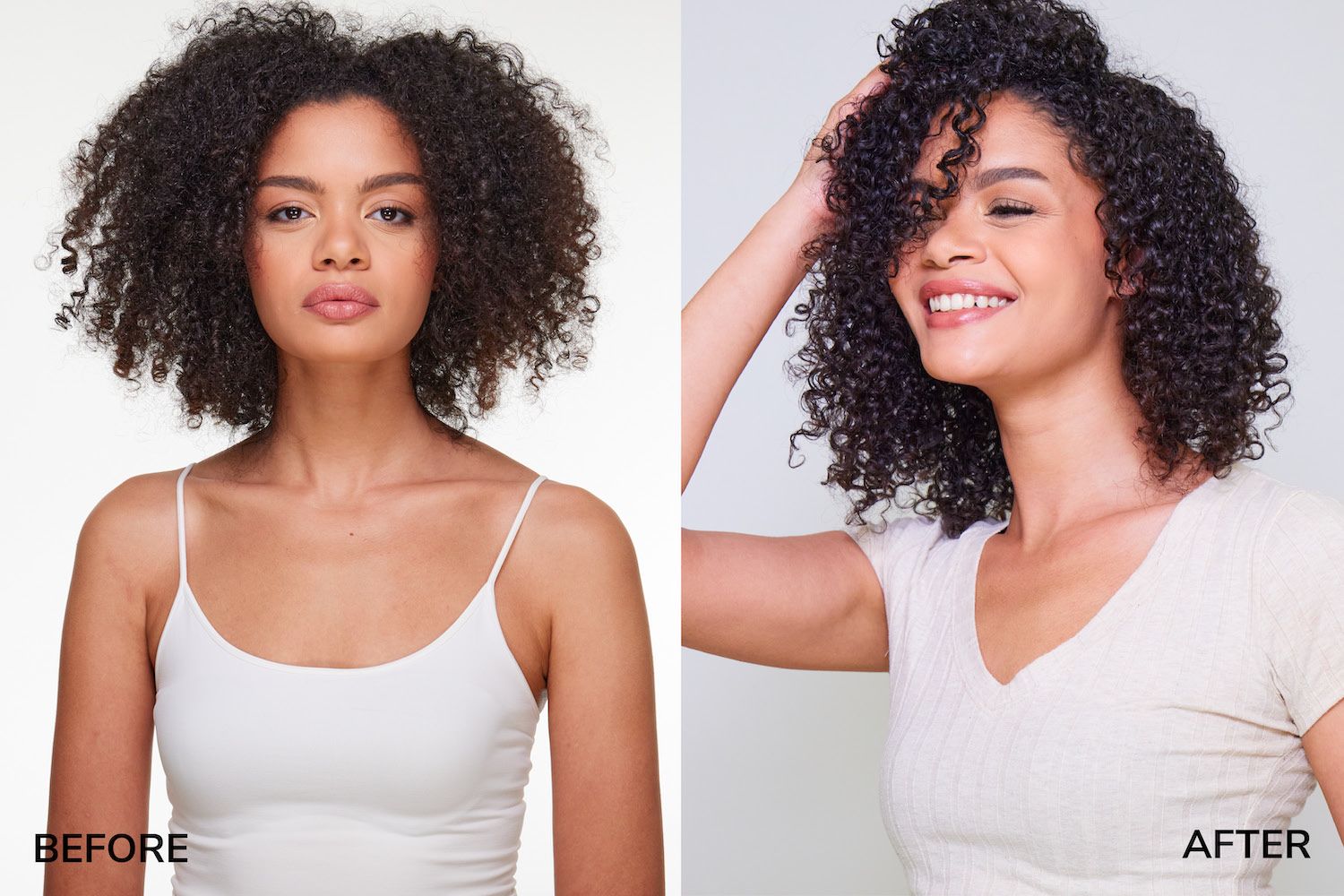 Before & after of a model with undefined, frizzy curls and then defined, glossy, frizz-free curls.
