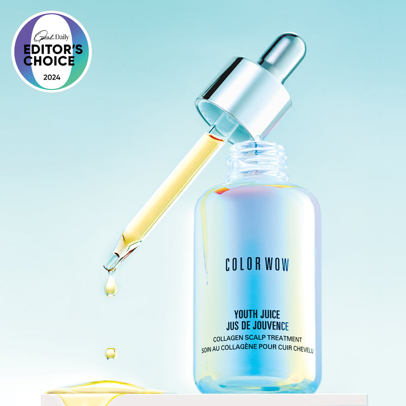 Color Wow Youth Juice Collagen Scalp Treatment with the dropper sitting on top of the bottom on a blue background highlighting the Oprah Daily Editors Choice 2024 Award