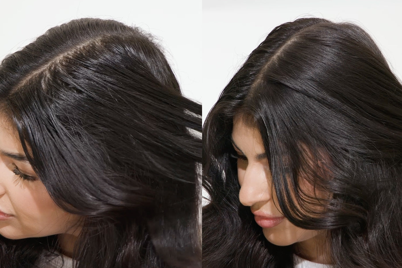 Before and after comparison of a person with hair styled with dry shampoo on a white background