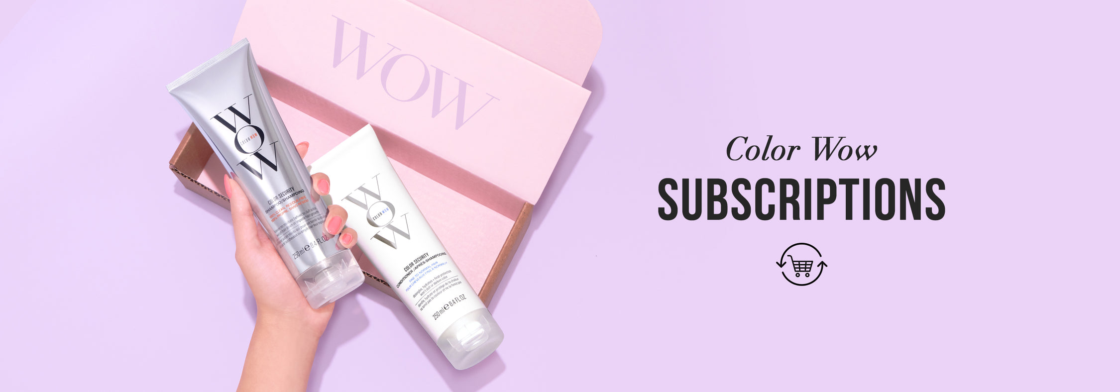 Open pink box with "WOW" printed inside holds two Color Wow Color Security haircare tubes—one silver shampoo and one white conditioner, each 250 ml. A hand with manicured nails holds the shampoo. On the right, black text reads “Color Wow SUBSCRIPTIONS” above a circular shopping cart icon on a lavender background.