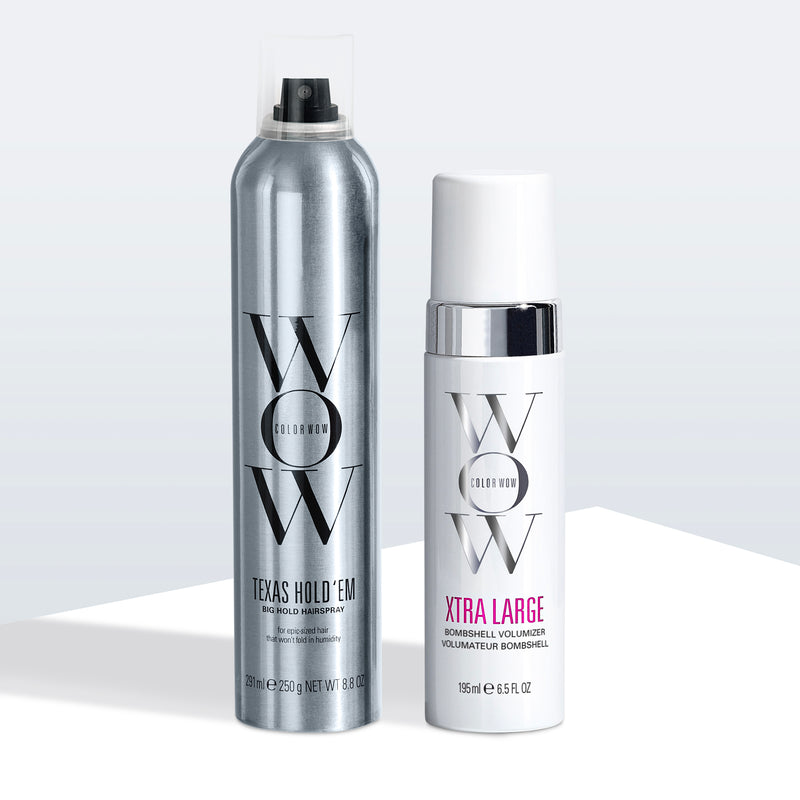 Color Wow Texas Hold ‘Em Big Hold Hairspray in silver can and Xtra Large Bombshell Volumizer in white bottle, displayed side by side.