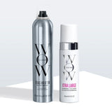 Color Wow Texas Hold ‘Em Big Hold Hairspray in silver can and Xtra Large Bombshell Volumizer in white bottle, displayed side by side.