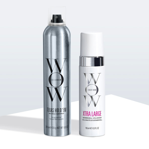 Color Wow Texas Hold ‘Em Big Hold Hairspray in silver can and Xtra Large Bombshell Volumizer in white bottle, displayed side by side.