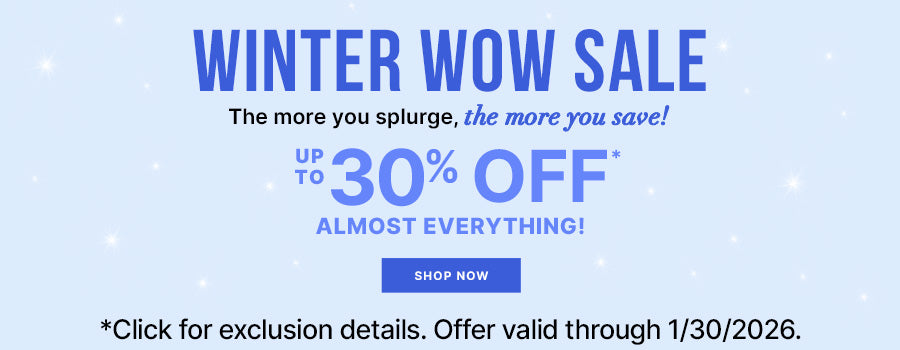 Winter Wow Sale promotional graphic on a light blue snowy background. Text reads: WINTER WOW SALE and The more you splurge, the more you save! Up to 30% OFF ALMOST EVERYTHING! Blue button reads SHOP NOW. Fine print at bottom reads *Click for exclusion details. Offer valid through 1/30/2026.
