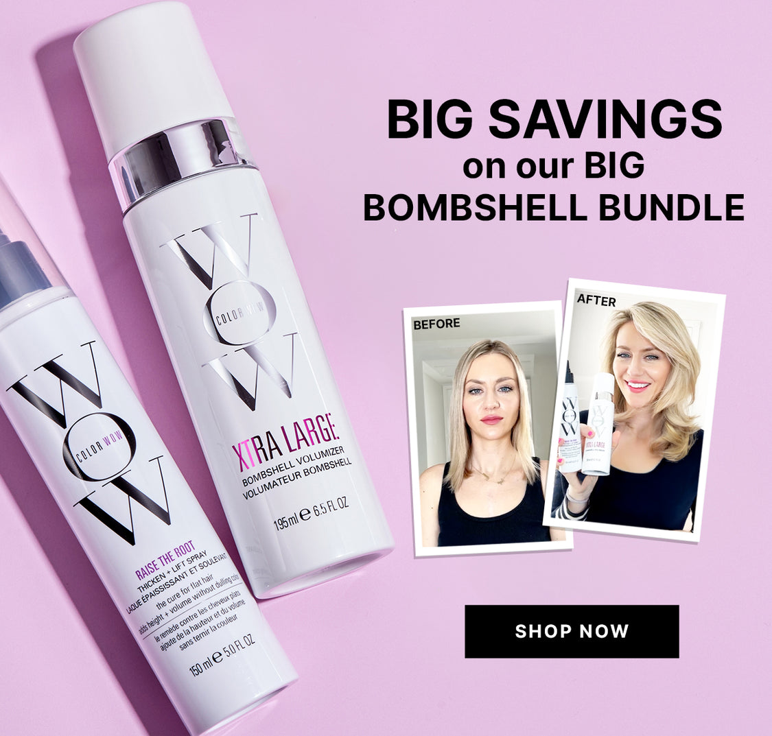 Big savings promotion for the BIG BOMBSHELL BUNDLE with text reading BIG SAVINGS on our BIG BOMBSHELL BUNDLE. Black button reads SHOP NOW. Products shown: Raise the Root and XTRA LARGE Bombshell Volumizer 195ml e 6.5 FL OZ with before and after photos.