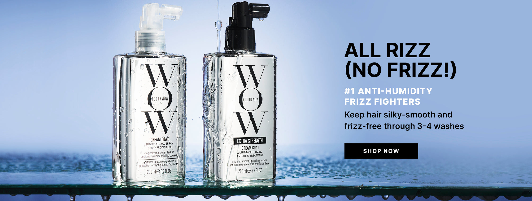 Advertisement for Color Wow Dream Coat Supernatural Spray and Extra Strength Dream Coat, showcasing two clear bottles on a water-covered surface against a blue background, promoting anti-humidity and frizz-free hair with a 'Shop Now' button.