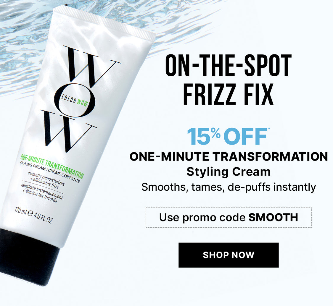 Advertisement for Color Wow One-Minute Transformation Styling Cream, a white tube with water droplets, offering 15% off for an 'On-the-Spot Frizz Fix', with a 'Shop Now' button.