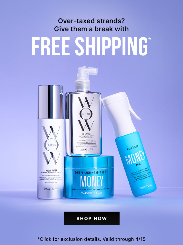Over-taxed strands? Give them a break with FREE SHIPPING* promotional banner featuring Color Wow Dream Filter, Dream Coat Supernatural Spray, Money Masque, and Money Mist products on purple gradient background, SHOP NOW button, and disclaimer *Click for exclusion details. Valid through 4/15.