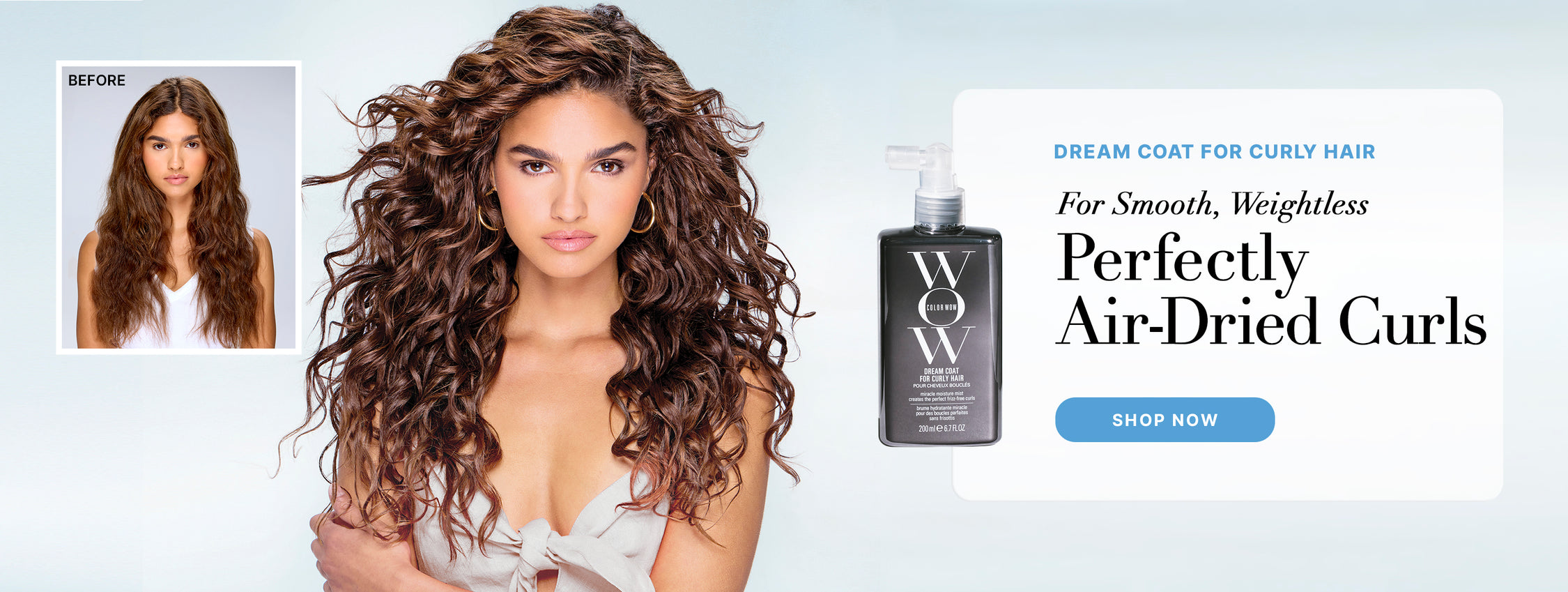 Color Wow Dream Coat for Curly Hair promotional banner. Before and after images show a model with frizzy hair transformed into defined, voluminous air-dried curls. Text highlights smooth, weightless results. Includes a Shop Now button.