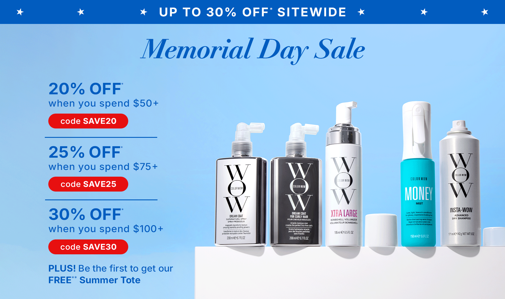 Promotional banner for Color Wow Memorial Day Sale offering up to 30 percent off sitewide. Tiered discounts include 20 percent off orders over 50 dollars (code SAVE20), 25 percent off orders over 75 dollars (code SAVE25), and 30 percent off orders over 100 dollars (code SAVE30). Includes a free Summer Tote for top-tier spenders. Visual features various hair products and a Shop Now button. Valid through May 28.
