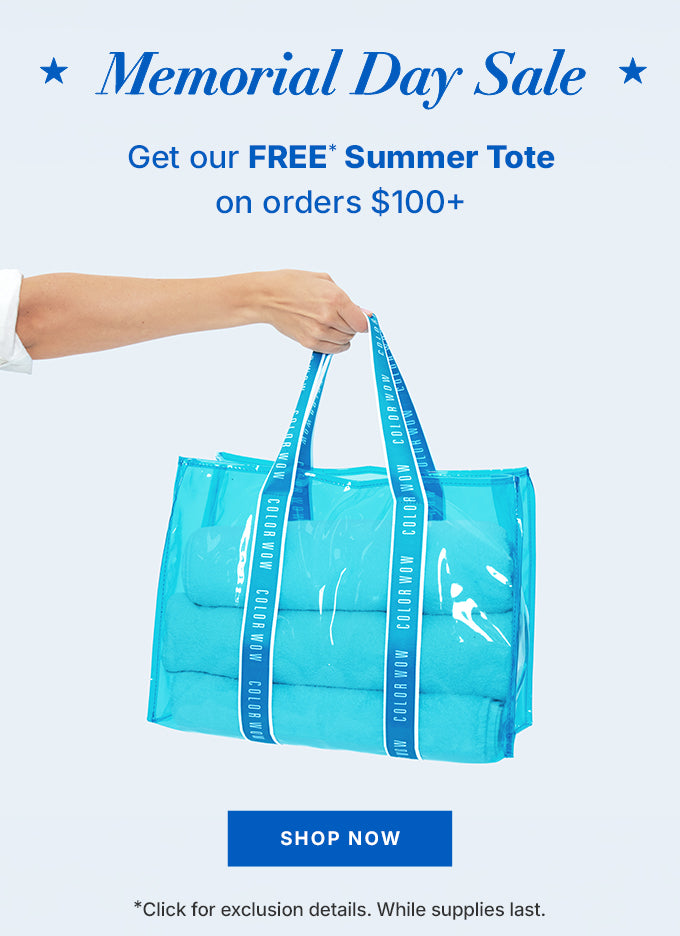 Promotional banner for Color Wow Memorial Day Sale. Offers a free summer tote on orders over $100. Visual shows a hand holding a transparent blue tote bag with the Color Wow logo on the handles, filled with blue towels. Includes a Shop Now button.