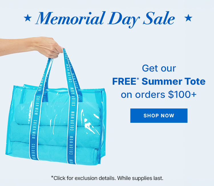 Promotional banner for Color Wow Memorial Day Sale. Offers a free summer tote on orders over $100. Visual shows a hand holding a transparent blue tote bag with the Color Wow logo on the handles, filled with blue towels. Includes a Shop Now button.
