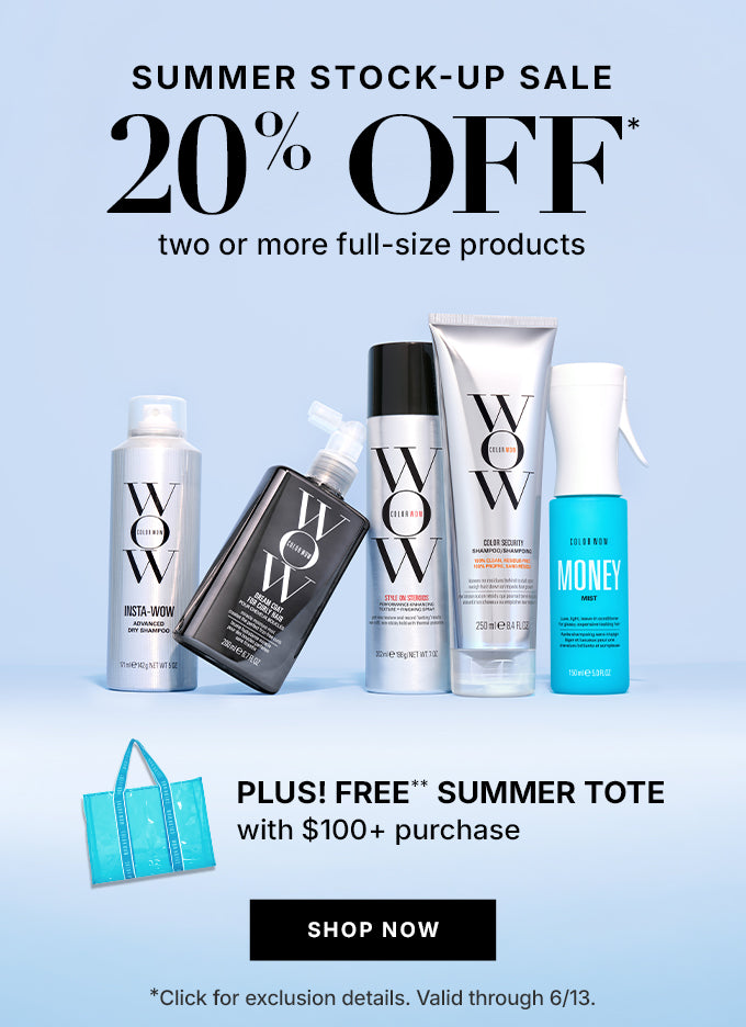 Color Wow Summer Stock-Up Sale promotional banner. Offers 20 percent off two or more full-size products. Plus, get a free Summer Tote with any purchase of 100 dollars or more. Visual displays a lineup of Color Wow products against a light blue background, a small icon of a blue tote bag, and a Shop Now button. Valid through June 13.