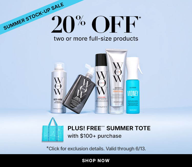 Color Wow Summer Stock-Up Sale promotional banner. Offers 20 percent off two or more full-size products. Plus, get a free Summer Tote with any purchase of 100 dollars or more. Visual displays a lineup of Color Wow products against a light blue background, a small icon of a blue tote bag, and a Shop Now button. Valid through June 13.