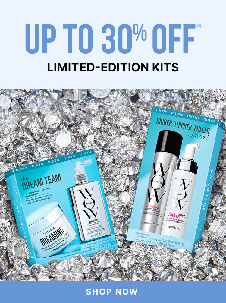 Two Color Wow limited-edition haircare kits displayed on sparkling gems. Text: Up to 30% off limited-edition kits. Shop now.