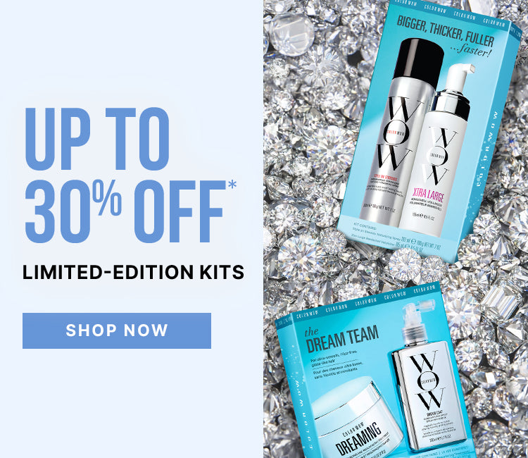 Two Color Wow limited-edition haircare kits displayed on sparkling gems. Text: Up to 30% off limited-edition kits. Shop now.