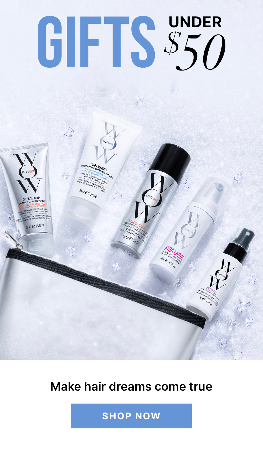 Color Wow haircare products and a pouch on a snowy, sparkling background. Text: Gifts under $50.