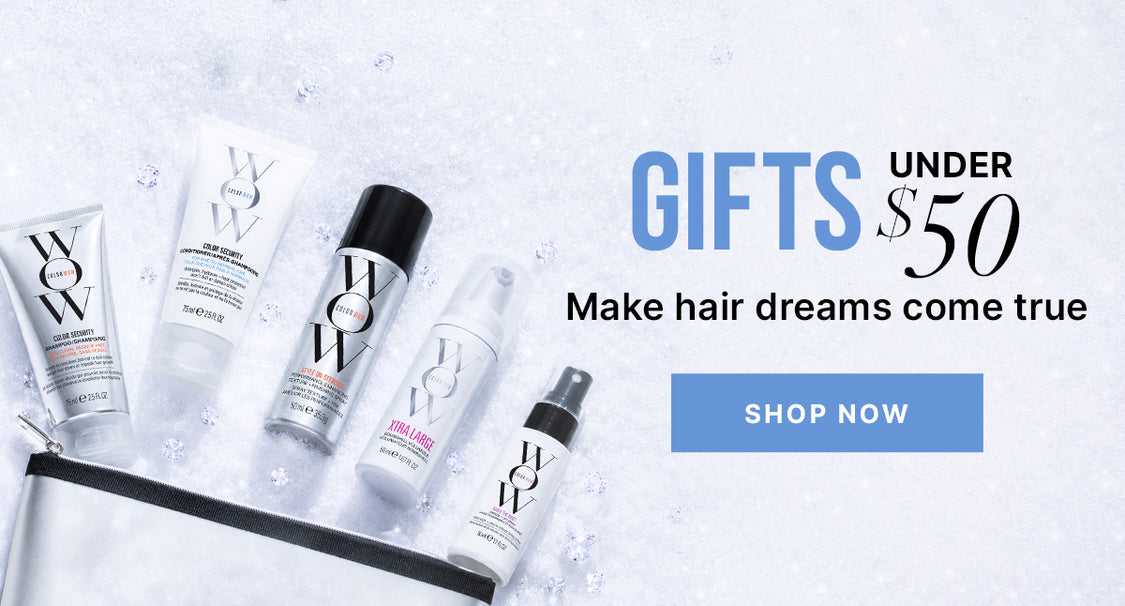 Color Wow haircare products and a pouch on a snowy, sparkling background. Text: Gifts under $50.