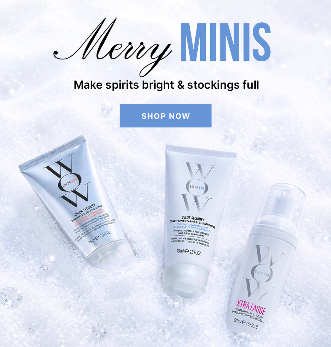 Three miniature Color Wow products—Color Security Shampoo, Color Security Conditioner, and Xtra Large Bombshell Volumizer—on a sparkling white background. Text reads: Merry Minis, Make spirits bright & stockings full, and Shop Now.
