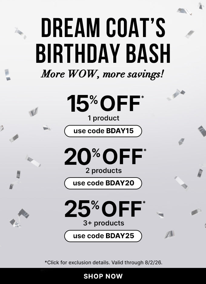 Color Wow Dream Coat Birthday Bash vertical promotional banner. Offers tiered savings with promo codes: 15 percent off 1 product (code BDAY15), 20 percent off 2 products (code BDAY20), and 25 percent off 3 or more products (code BDAY25). Features floating silver confetti and a Shop Now button. Valid through August 2, 2026