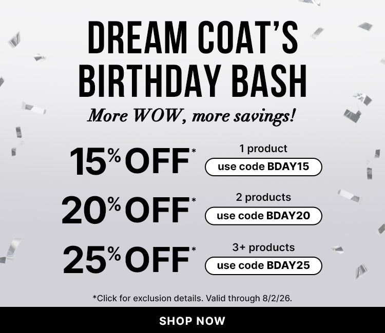Color Wow Dream Coat Birthday Bash square promotional banner. Features text listing tiered discount codes (BDAY15, BDAY20, BDAY25) for up to 25 percent off, set against a light background with silver confetti and a Shop Now button. Valid through August 2, 2026.
