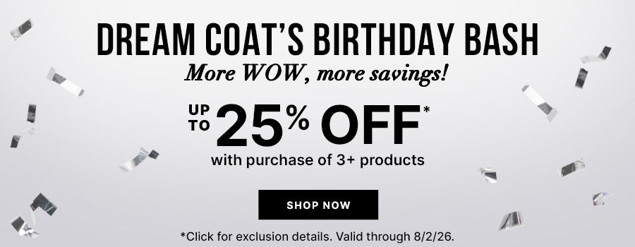 Color Wow Dream Coat Birthday Bash banner. Offer: Save up to 25 percent off with the purchase of 3 or more products. Features floating silver confetti on a light background and a Shop Now button. Valid through August 2, 2026.