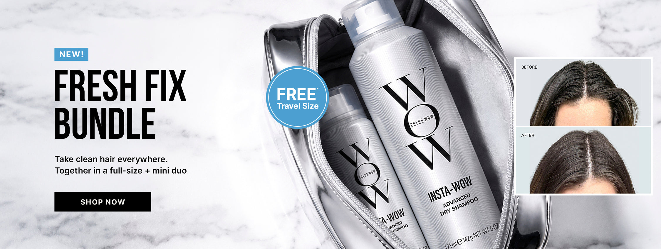 Color Wow Fresh Fix Bundle vertical promotional banner. Offers a free travel-size dry shampoo with the purchase of a full-size Insta-Wow Advanced Dry Shampoo. Visual shows the duo inside a metallic silver makeup bag on marble alongside before-and-after photos of scalp and hair. Includes a Shop Now button.