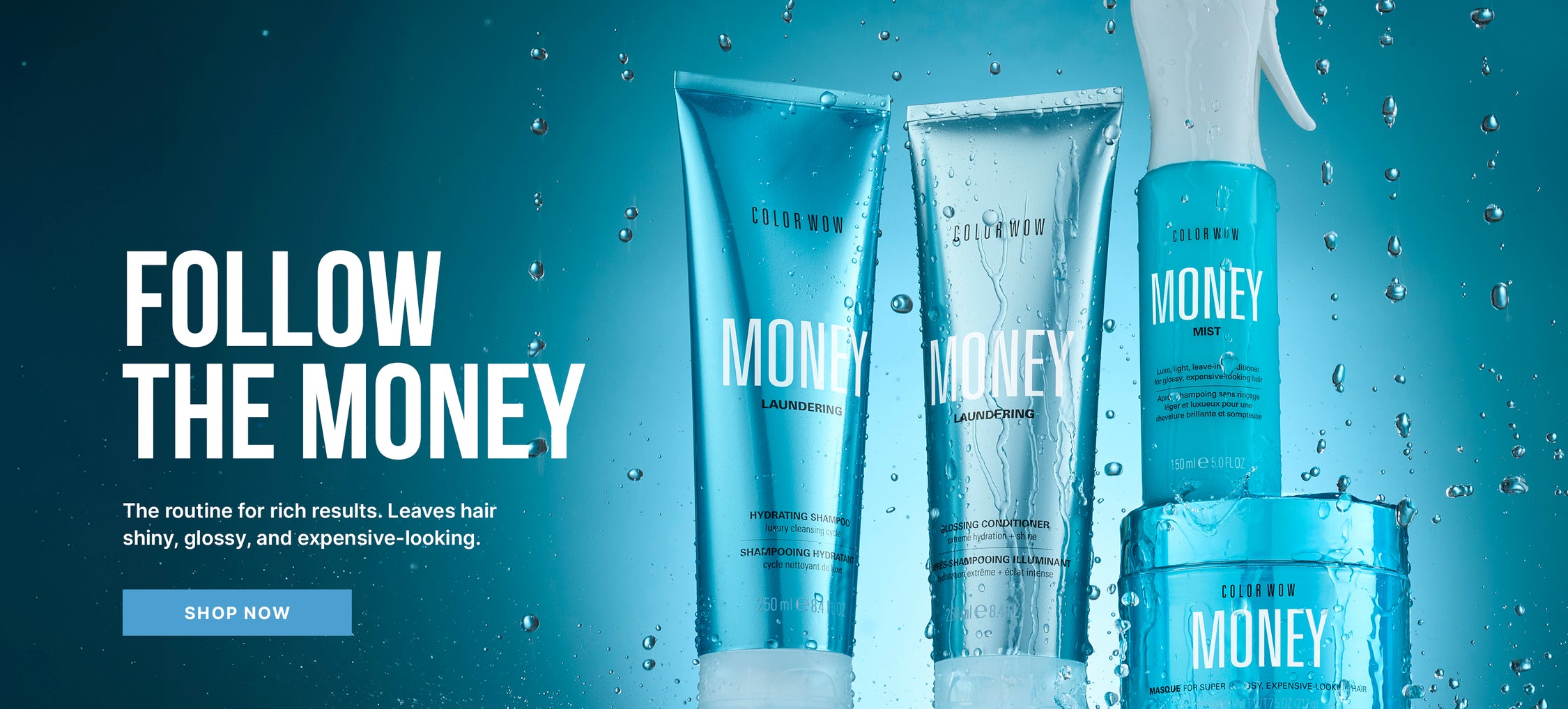 Color Wow Follow the Money promotional banner. Text: The routine for rich results. Leaves hair shiny, glossy, and expensive-looking. Visual displays Money Laundering Shampoo and Conditioner, Money Mist, and Money Masque against a splashy teal background. Includes a Shop Now button.
