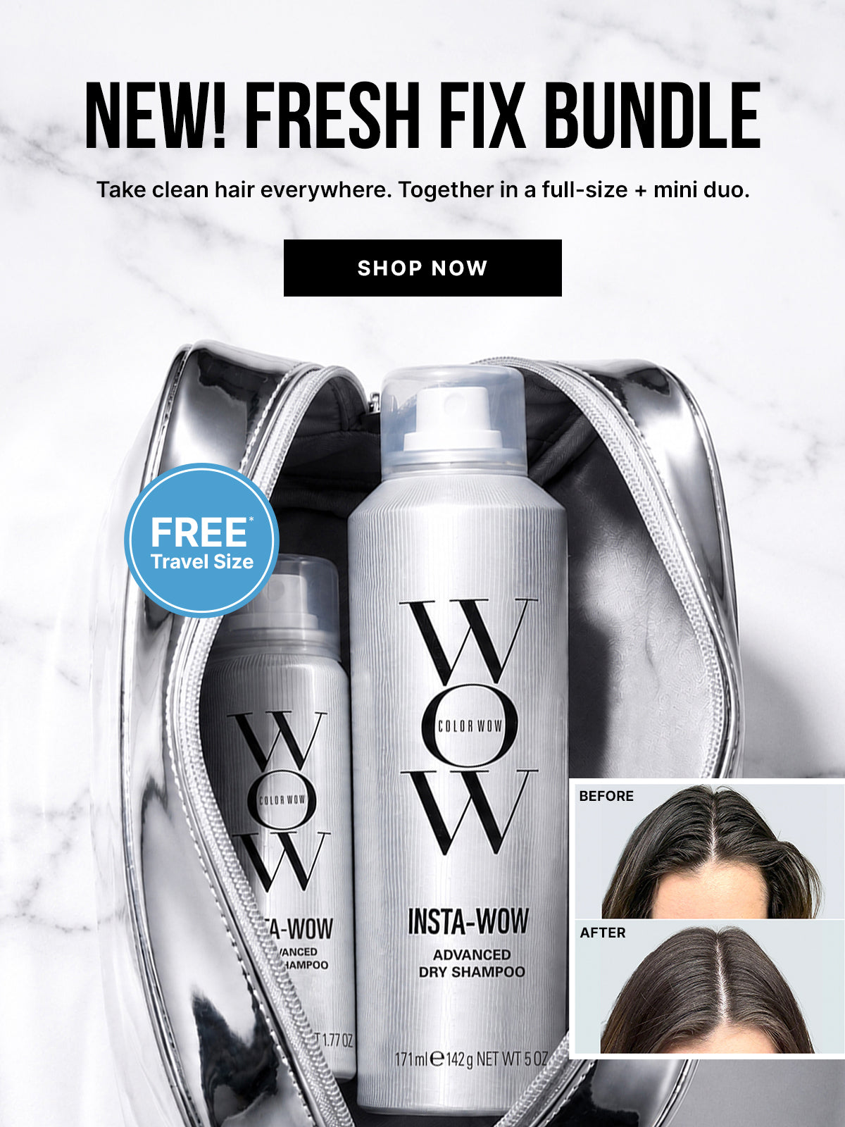 Color Wow Fresh Fix Bundle vertical promotional banner. Offers a free travel-size dry shampoo with the purchase of a full-size Insta-Wow Advanced Dry Shampoo. Visual shows the duo inside a metallic silver makeup bag on marble alongside before-and-after photos of scalp and hair. Includes a Shop Now button.