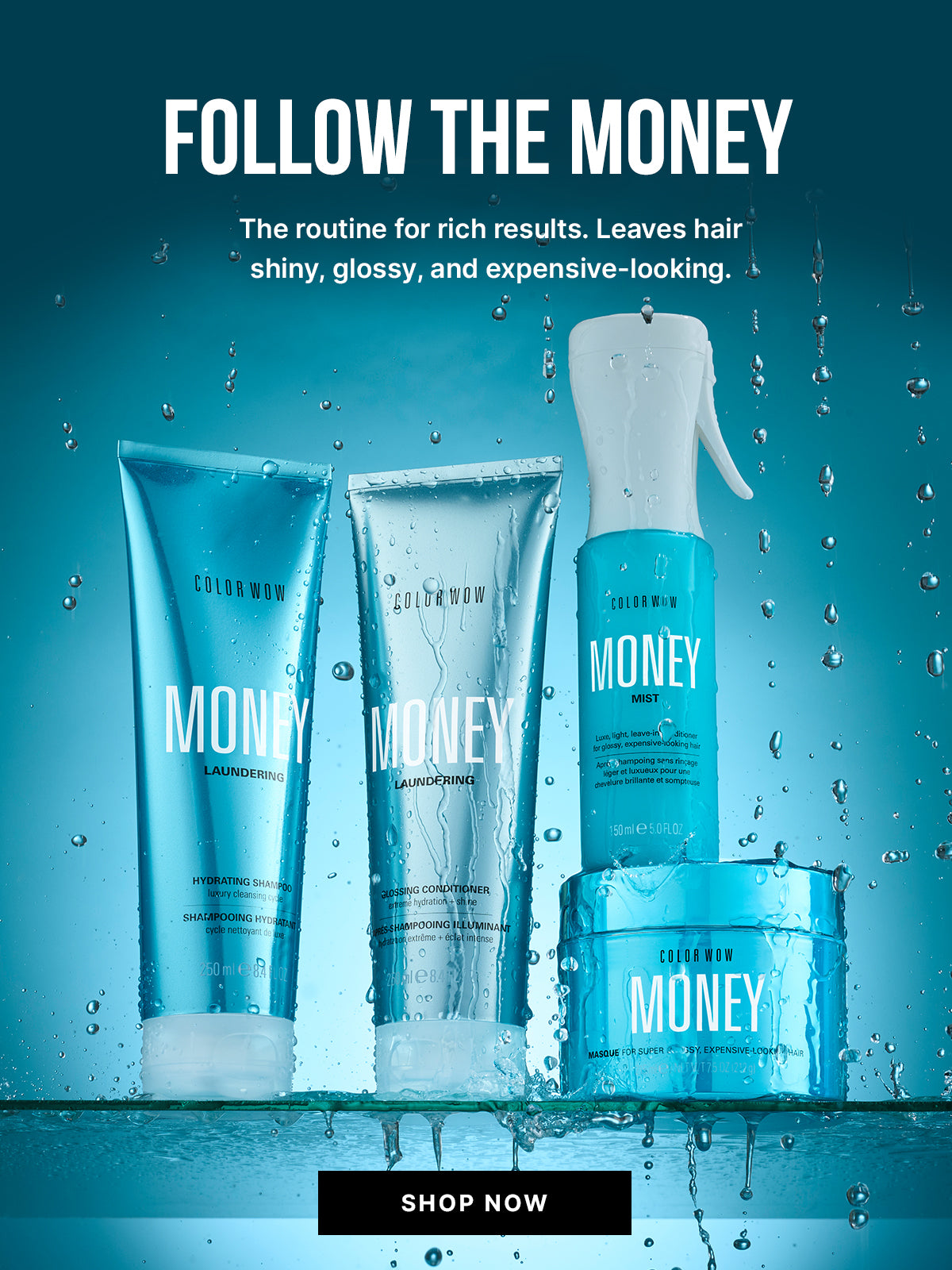 Color Wow Follow the Money promotional banner. Text: The routine for rich results. Leaves hair shiny, glossy, and expensive-looking. Visual displays Money Laundering Shampoo and Conditioner, Money Mist, and Money Masque against a splashy teal background. Includes a Shop Now button.