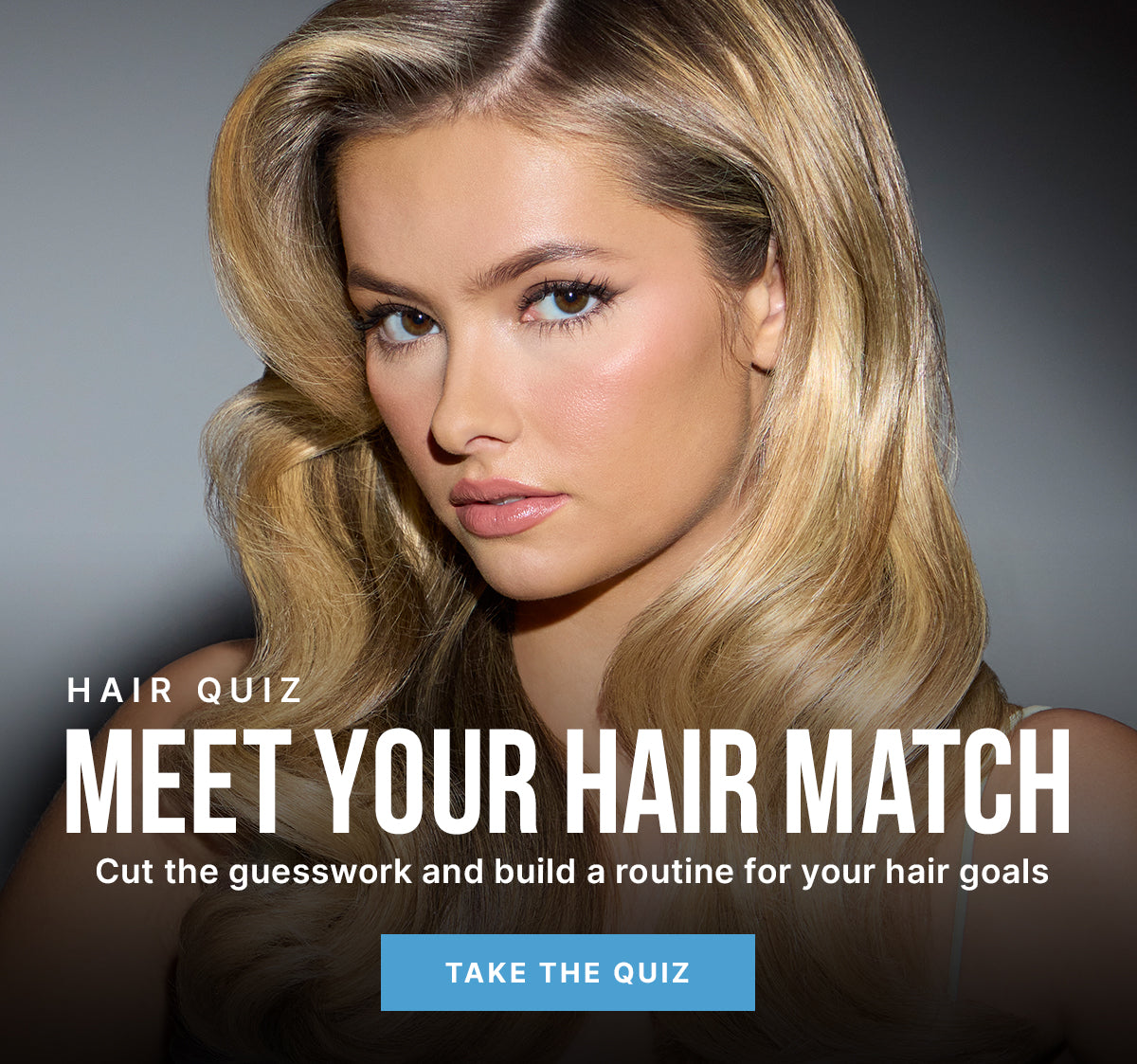 Color Wow Hair Quiz promotional banner. Headline: Meet Your Hair Match — cut the guesswork and build a routine for your hair goals. Visual features a model with shiny, wavy blonde hair. Includes a Take the Quiz button.