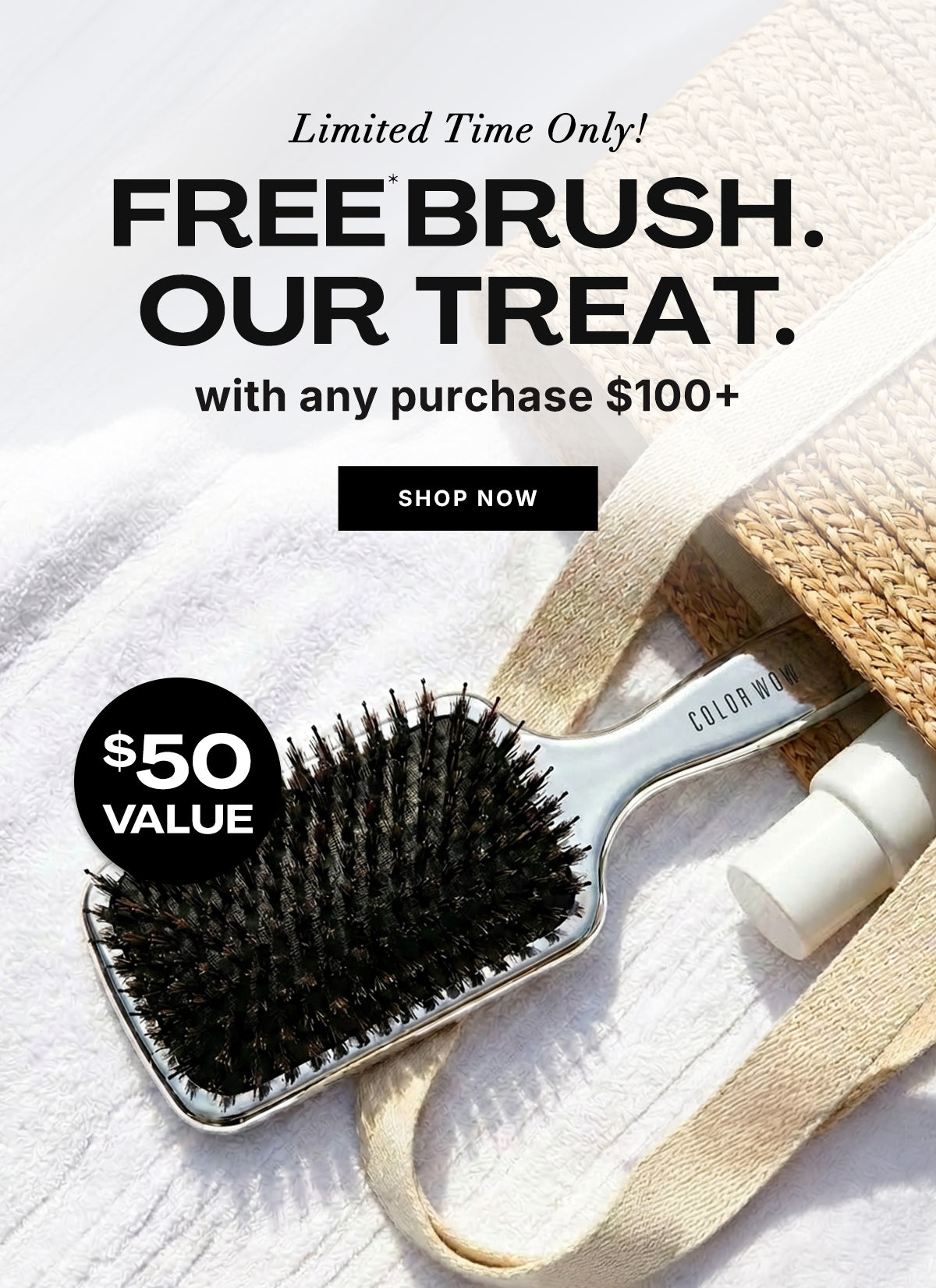 Color Wow Free Brush promotional banner. Offer: Get a free brush valued at 50 dollars with any purchase of 100 dollars or more. Visual displays a silver paddle brush inside a straw beach bag on a white towel. Includes a Shop Now button.