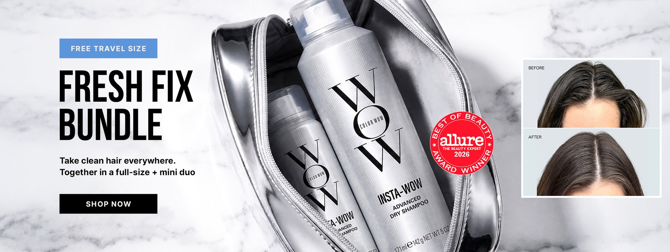 Color Wow Insta-WOW dry shampoo full-size and mini products in a silver travel bag, alongside a before-and-after hair comparison and a 2026 Allure Best of Beauty Award badge. Text: Free travel size. Fresh Fix Bundle—take clean hair everywhere with a full-size and mini duo. Shop now.