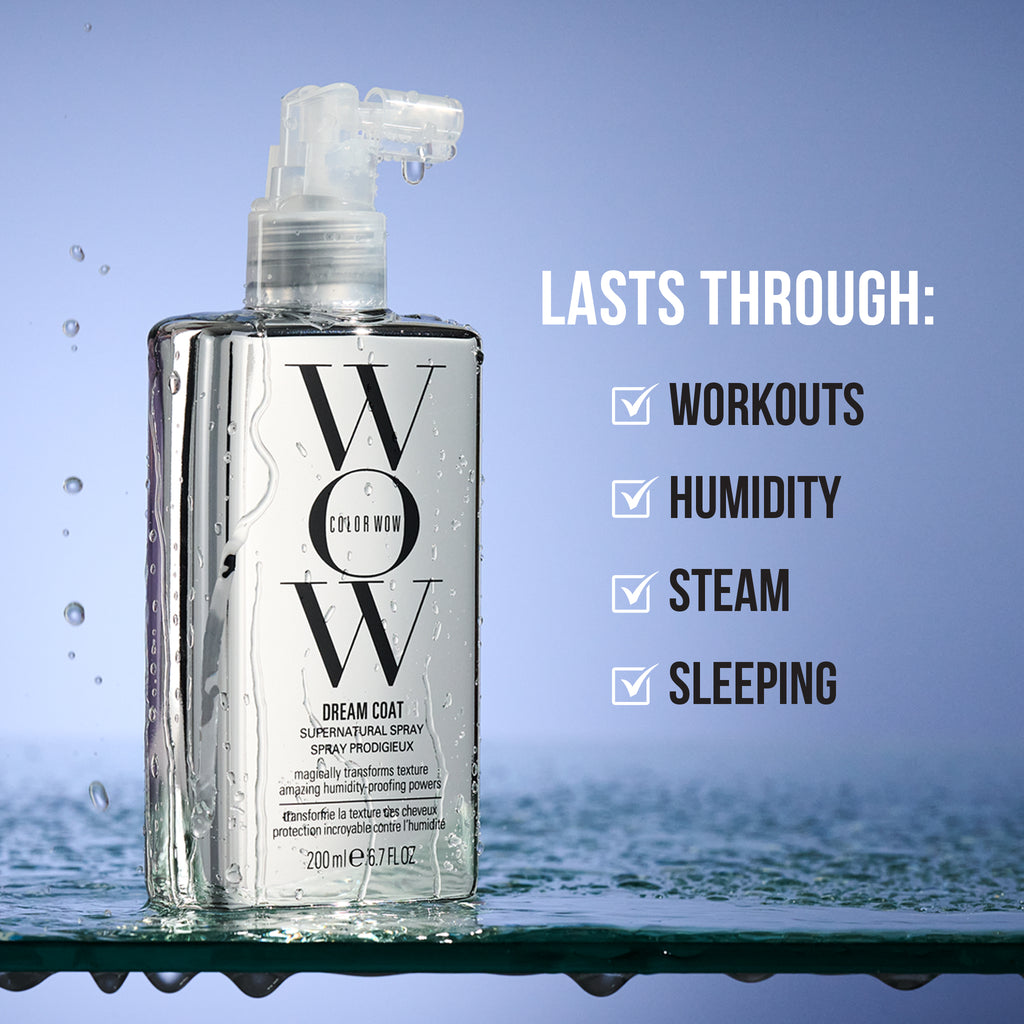 Color Wow Dream Coat bottle with humidity and workout guidance