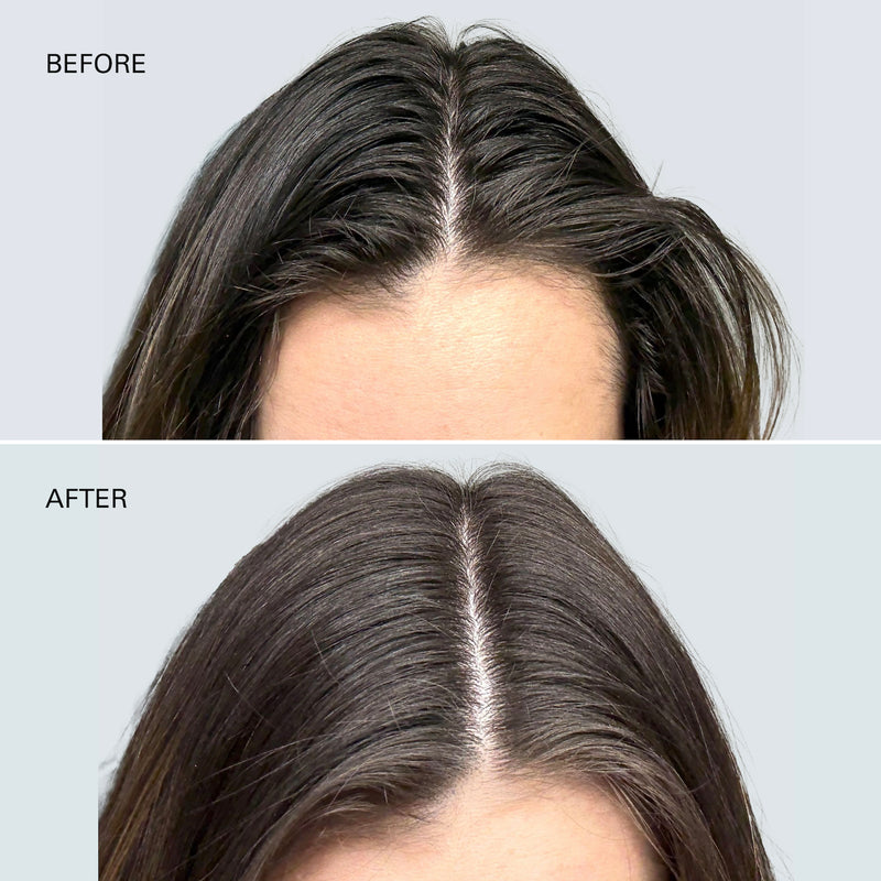 Before and after of a brunette woman's hair using Color Wow's Insta-Wow Advanced Dry Shampoo