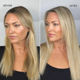 Before and after comparison of a woman with long blonde hair against a plain background.