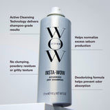 Insta-Wow dry shampoo can on a light gray background with product features listed.