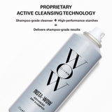 Insta-Wow dry shampoo can with text about proprietary active cleansing technology on a white background