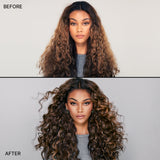 before and after of a model with dark curly hair after using the money magic kit