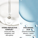 Product features with text about hydro-reflective complex and hyaluronic acid.