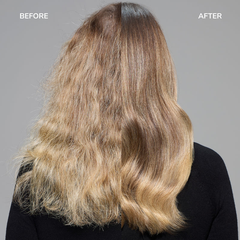 Before and after comparison of wavy hair on a gray background, after using Money Laundering Shampoo & Conditioner