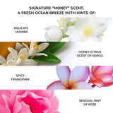 Floral scents with corresponding flowers and text on a white background. Signature 'Money' scent; a fresh ocean breeze with hints of: delicate jasmine, honey-citrus scent of neroli, spicy frangipani and sensual hint of rose.