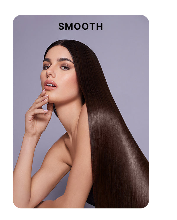 Model with ultra-sleek, glossy, dark brown straight hair cascading down one side, posed with hand near chin against a soft lavender background. Bold black text above reads: “SMOOTH.”